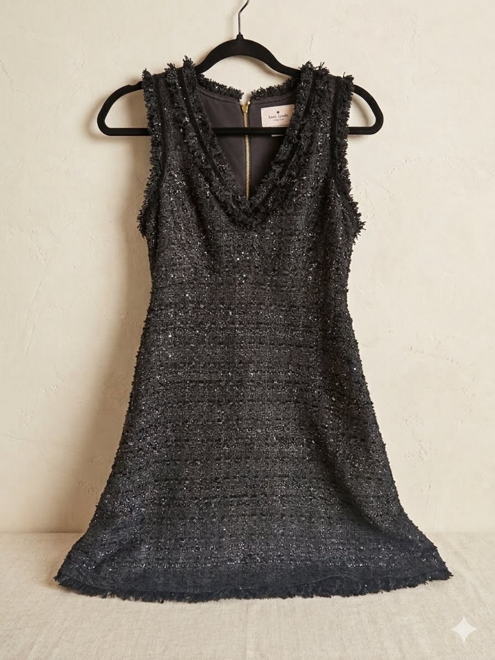 Kate Spade Sparkle Tweed V-Neck Fit & Flare Mini Dress Black Size 2 Fringed LBD